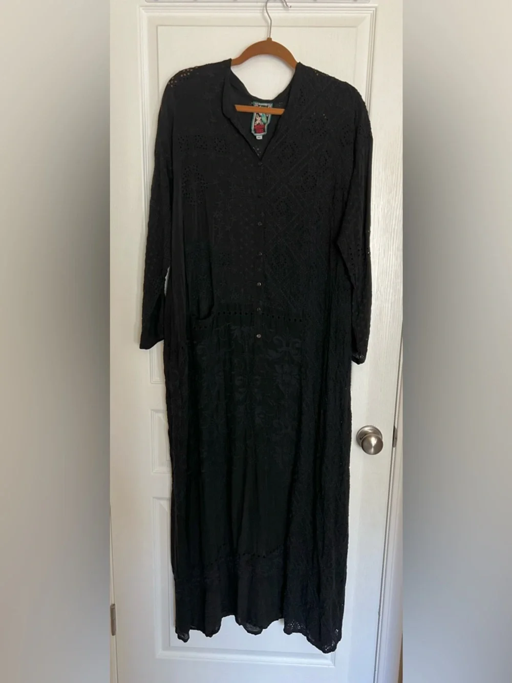 Johnny Was Black Embroidered Eyelet Semi-Sheer Maxi Duster Dress - Picture 2 of 9